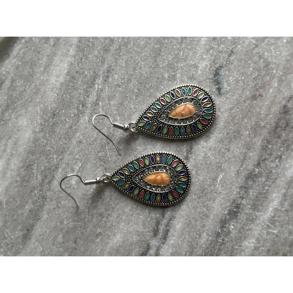 Colorful Teardrop Dangle Earrings with Orange Center Stone